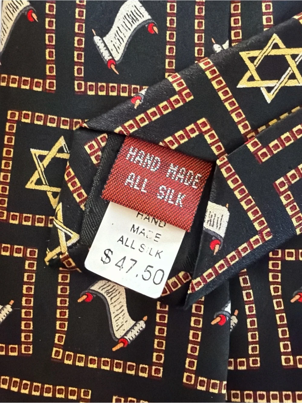 Vintage 1990s Museum Artifacts All Silk Novelty Tie Torah Scroll Star of David